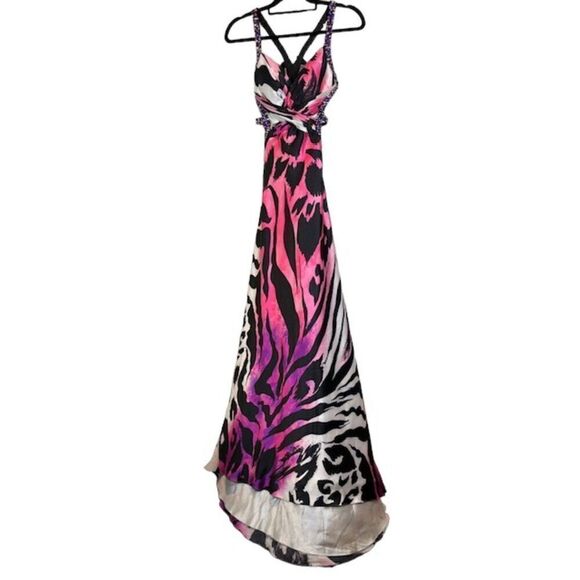 La Femme Formal Gown Sequin Strappy Animal Print Sexy Black White Pink Size 00 - Picture 4 of 16